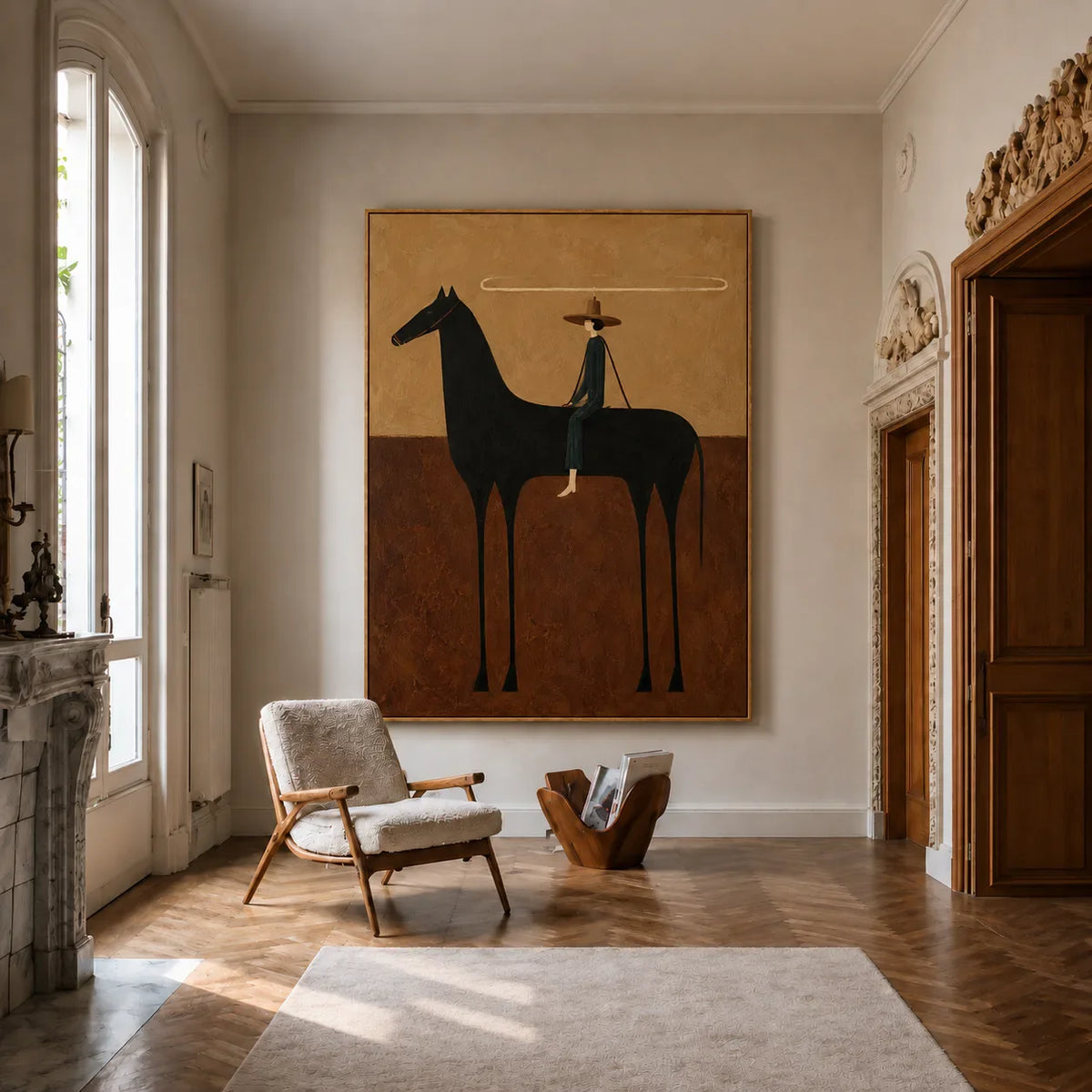 Looping Lasso over a Black Horse Wall Art styled interior scene 2 | Olyrel