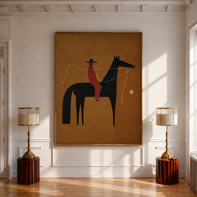 Horse and Rider with a Wandering Rope Wall Art styled interior scene 1 | Olyrel