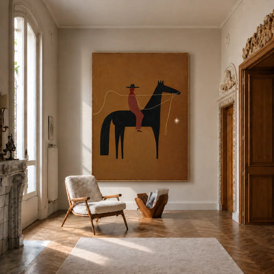 Horse and Rider with a Wandering Rope Wall Art styled interior scene 2 | Olyrel