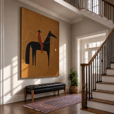 Horse and Rider with a Wandering Rope Wall Art styled interior scene 3 | Olyrel