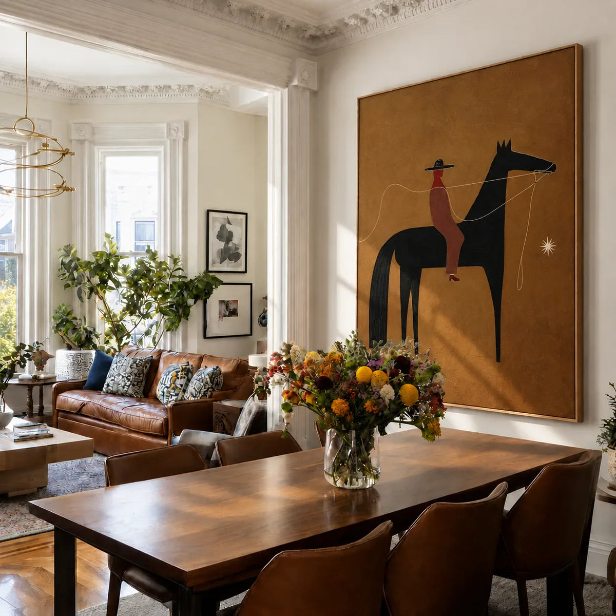 Horse and Rider with a Wandering Rope Wall Art styled interior scene 5 | Olyrel