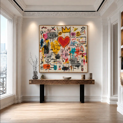 Crowned Red Heart and Colorful Doodles Wall Art styled interior scene 1 | Olyrel