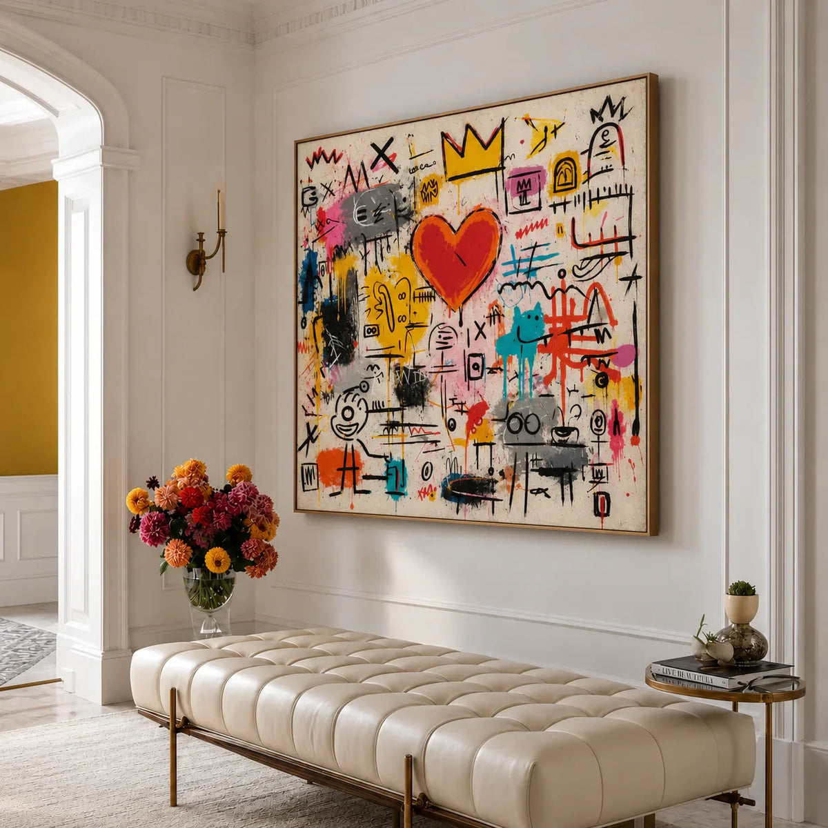 Crowned Red Heart and Colorful Doodles Wall Art styled interior scene 2 | Olyrel