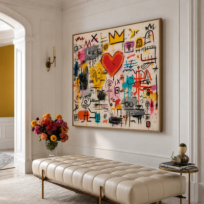 Crowned Red Heart and Colorful Doodles Wall Art styled interior scene 2 | Olyrel