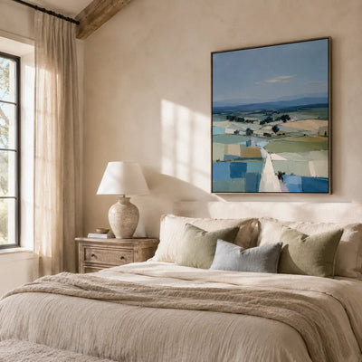 Blue Fields Landscape Wall Art shown in a calm bedroom setting | Olyrel