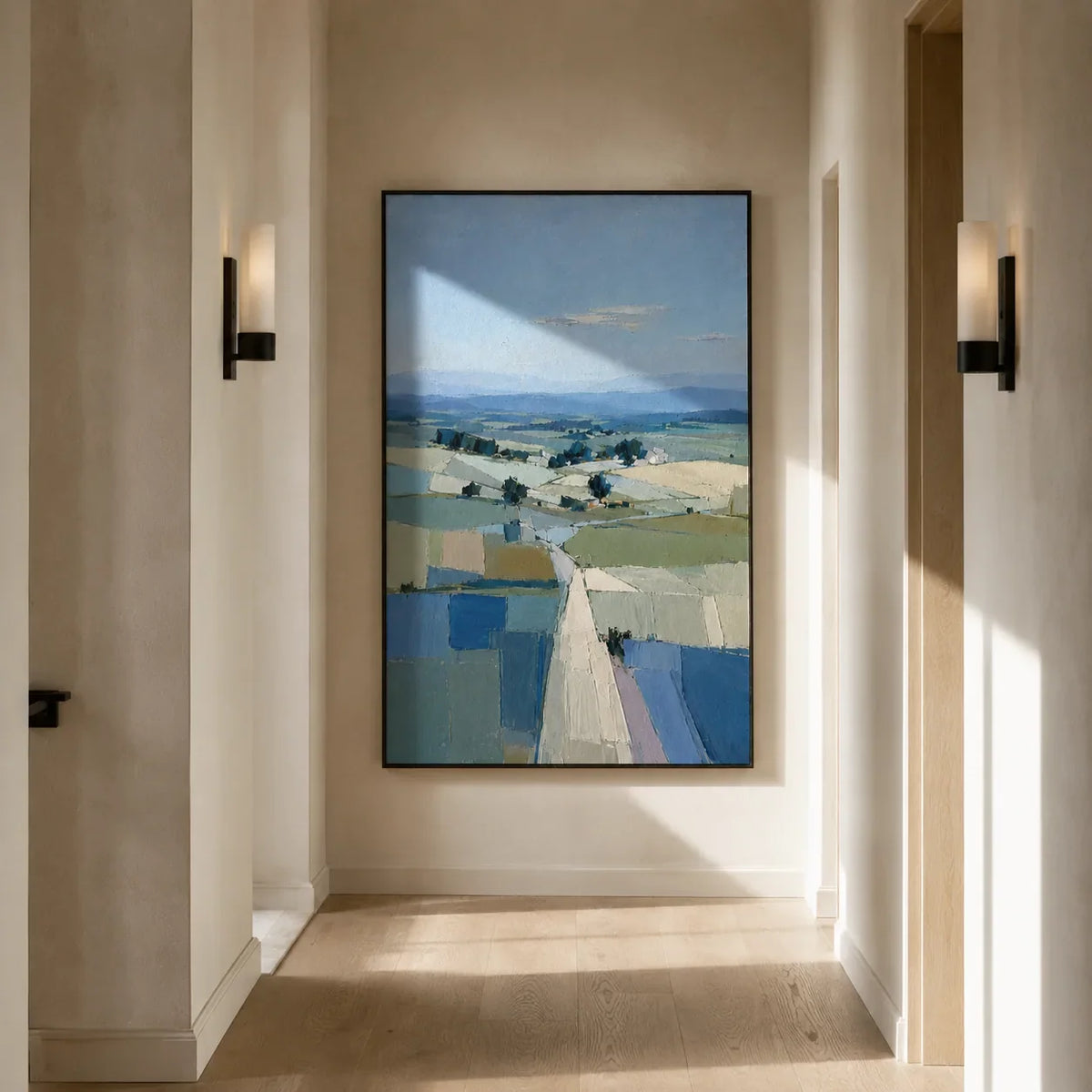 Blue Fields Landscape Wall Art styled in a contemporary entryway | Olyrel