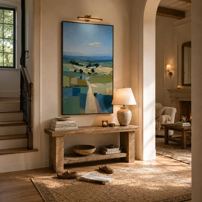 Blue Fields Landscape Wall Art styled in a contemporary entryway | Olyrel