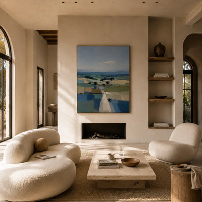 Blue Fields Landscape Wall Art styled in a modern living room | Olyrel