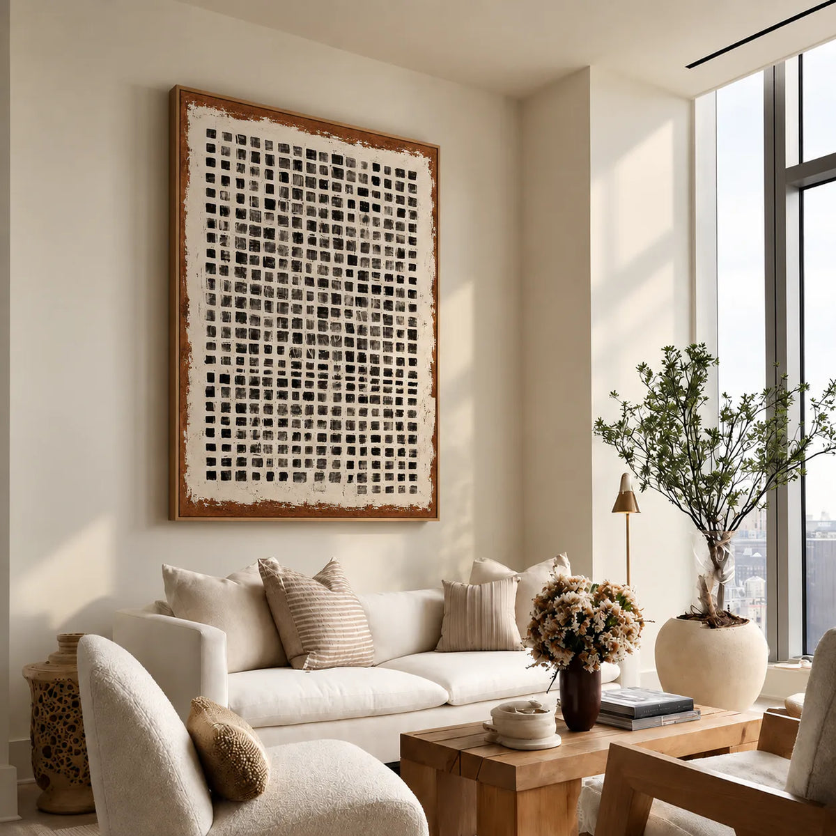 Weathered Black Square Grid Wall Art styled interior scene 2 | Olyrel