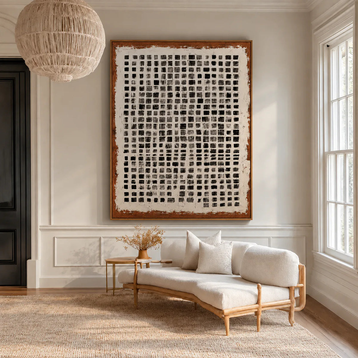 Weathered Black Square Grid Wall Art styled interior scene 3 | Olyrel