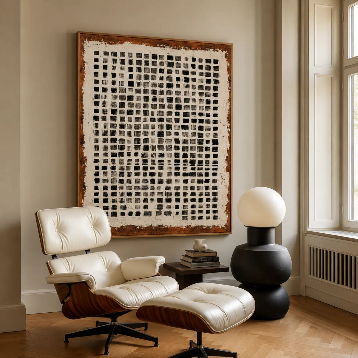 Weathered Black Square Grid Wall Art styled interior scene 5 | Olyrel