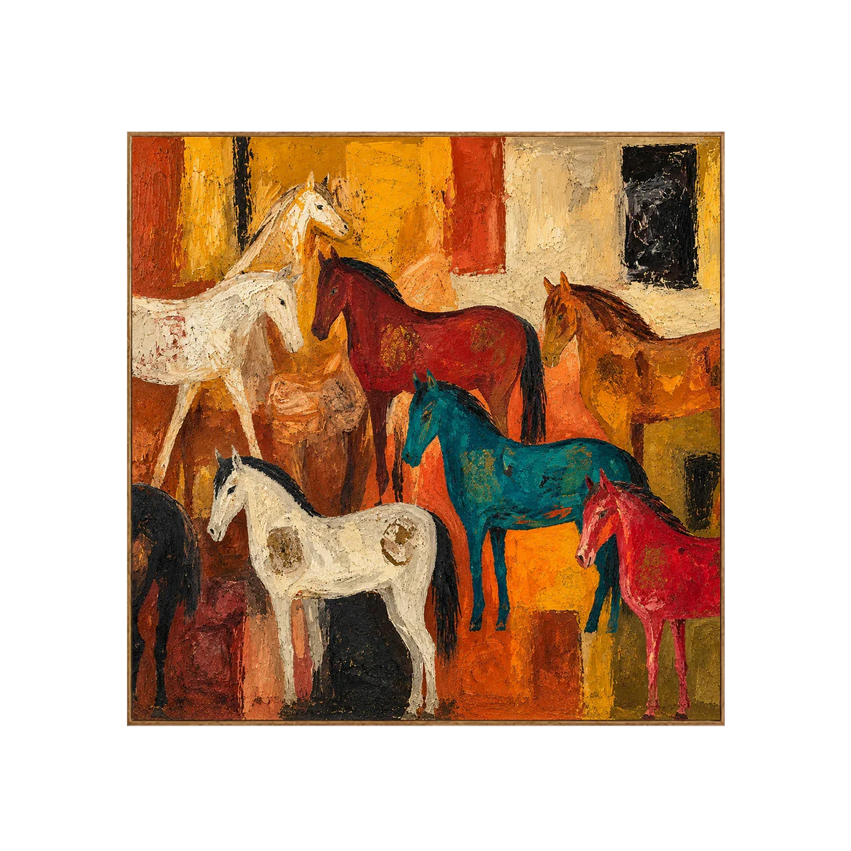 Colorful Horse Gathering in Golden Ochre Wall Art | Olyrel