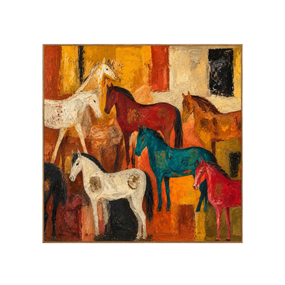 Colorful Horse Gathering in Golden Ochre Wall Art | Olyrel