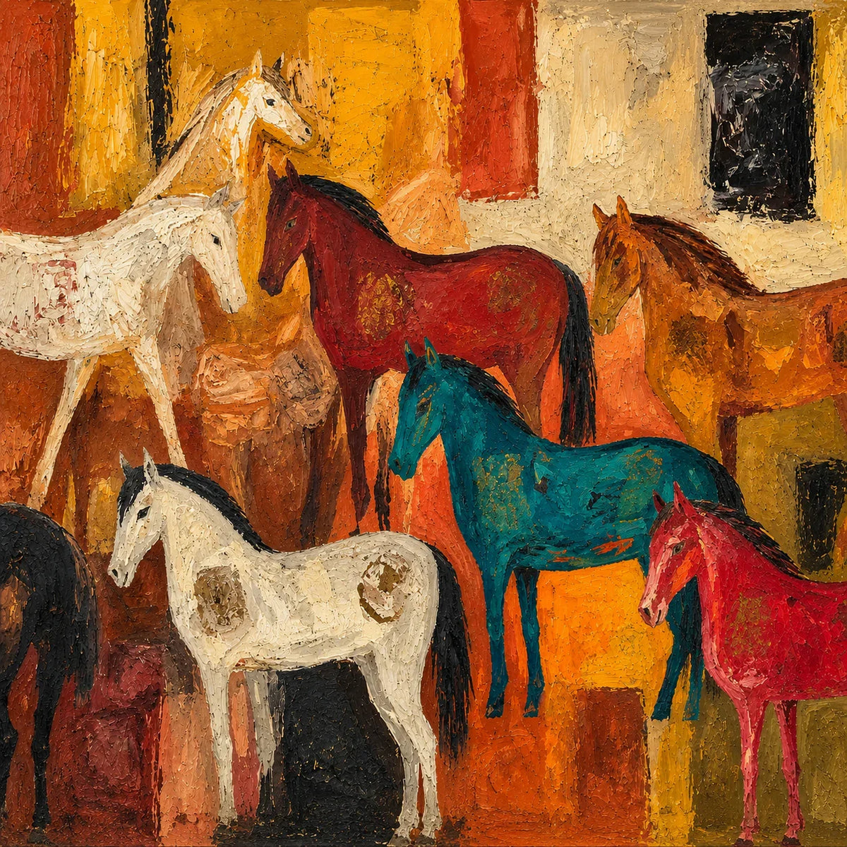 Colorful Horse Gathering in Golden Ochre Wall Art artwork view | Olyrel