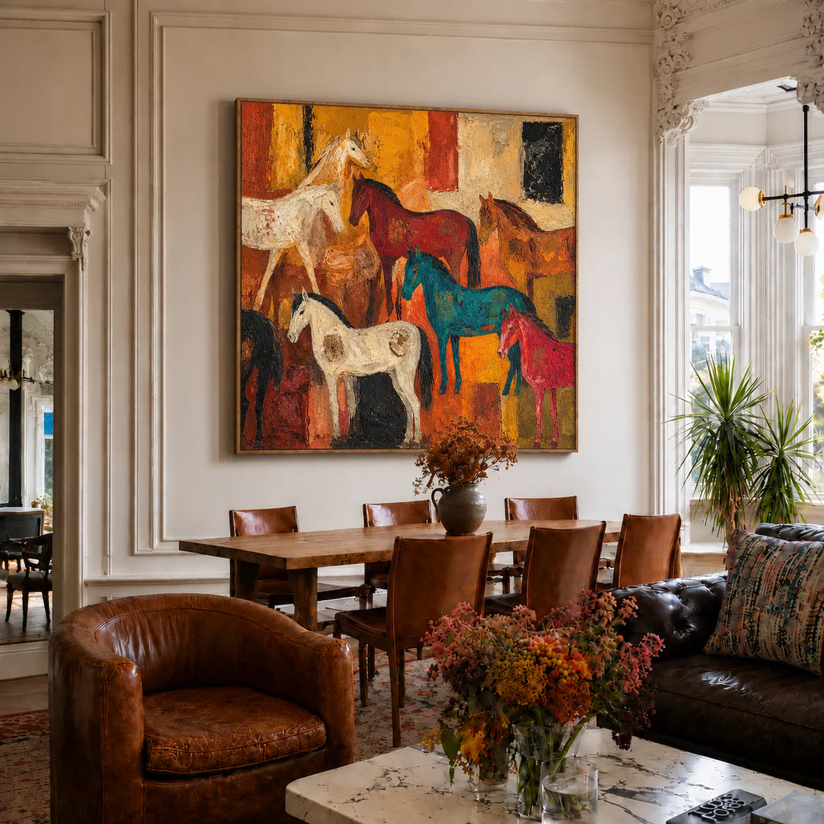 Colorful Horse Gathering in Golden Ochre Wall Art styled interior scene 1 | Olyrel