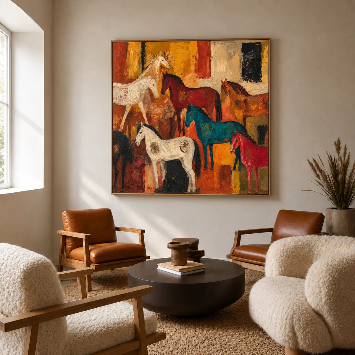 Colorful Horse Gathering in Golden Ochre Wall Art styled interior scene 3 | Olyrel