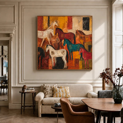 Colorful Horse Gathering in Golden Ochre Wall Art styled interior scene 4 | Olyrel