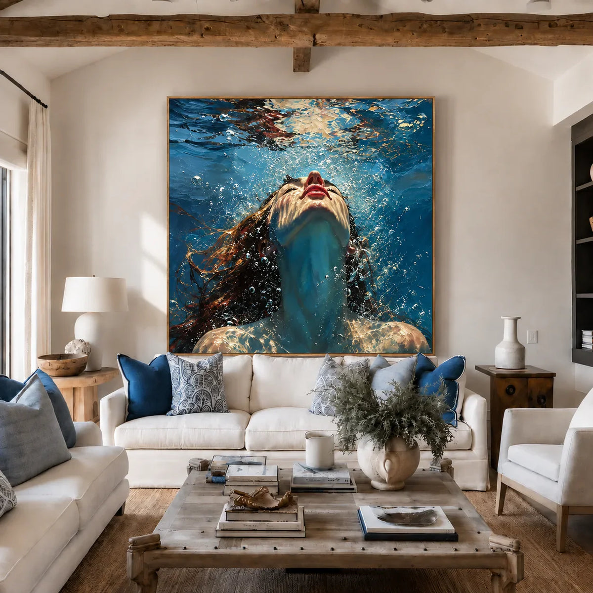 Upward Gaze beneath Blue Water Wall Art styled interior scene 2 | Olyrel