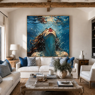 Upward Gaze beneath Blue Water Wall Art styled interior scene 2 | Olyrel