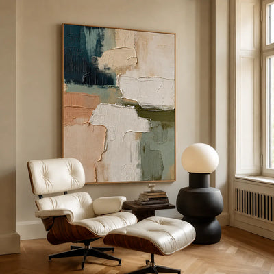 Layered Cream Sage and Teal Abstraction Wall Art styled interior scene 1 | Olyrel