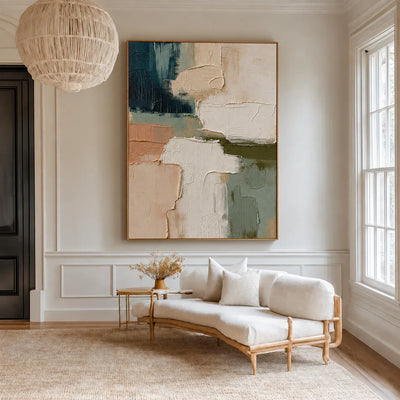 Layered Cream Sage and Teal Abstraction Wall Art styled interior scene 2 | Olyrel
