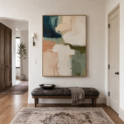 Layered Cream Sage and Teal Abstraction Wall Art styled interior scene 4 | Olyrel