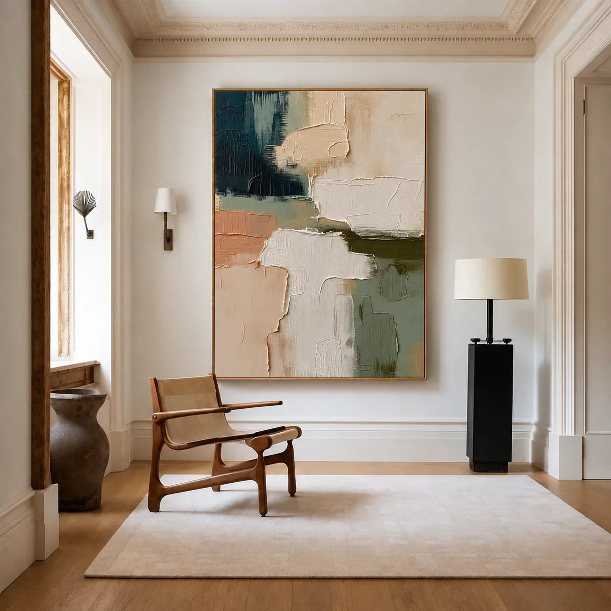 Layered Cream Sage and Teal Abstraction Wall Art styled interior scene 5 | Olyrel