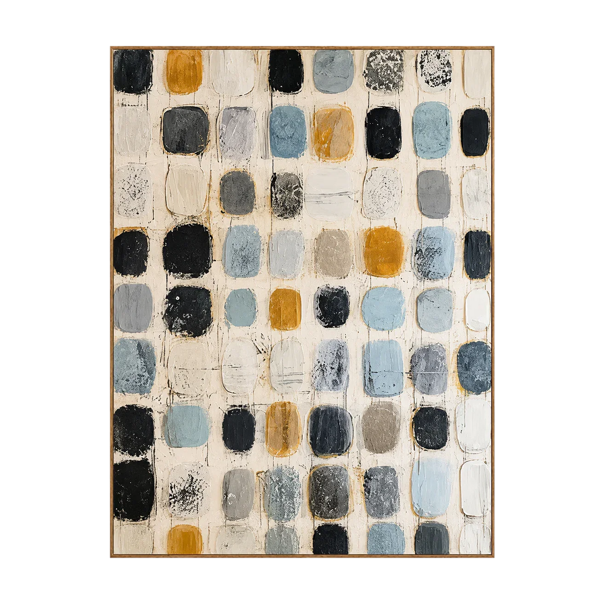 Soft Blue and Ochre Patchwork Grid Wall Art | Olyrel