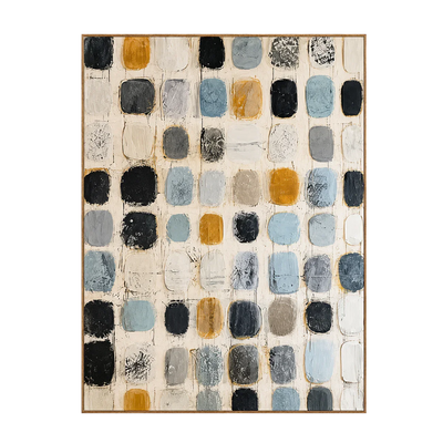 Soft Blue and Ochre Patchwork Grid Wall Art | Olyrel