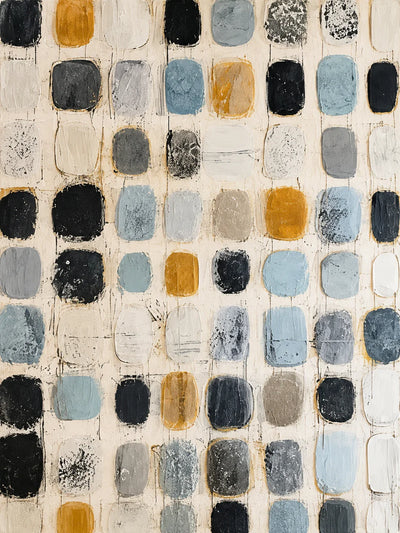 Soft Blue and Ochre Patchwork Grid Wall Art artwork view | Olyrel