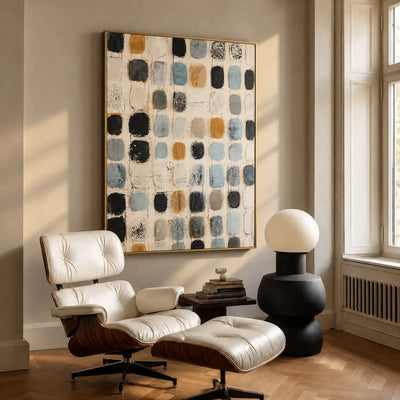 Soft Blue and Ochre Patchwork Grid Wall Art styled interior scene 1 | Olyrel