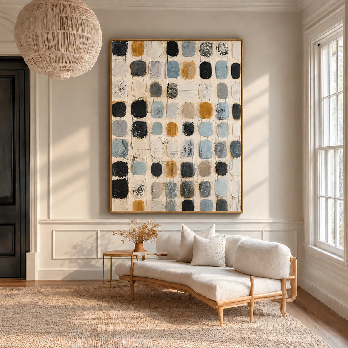 Soft Blue and Ochre Patchwork Grid Wall Art styled interior scene 2 | Olyrel