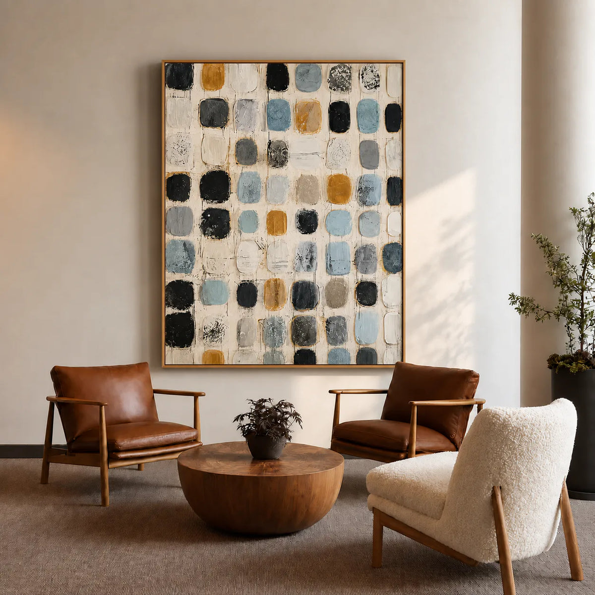 Soft Blue and Ochre Patchwork Grid Wall Art styled interior scene 3 | Olyrel
