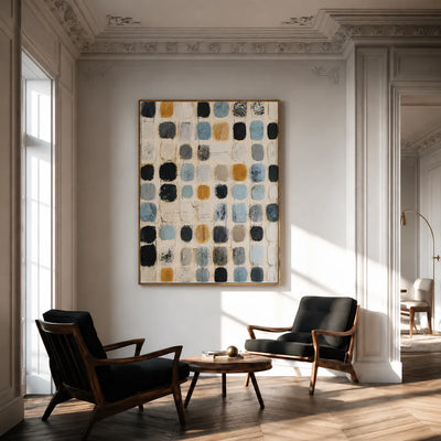 Soft Blue and Ochre Patchwork Grid Wall Art styled interior scene 4 | Olyrel