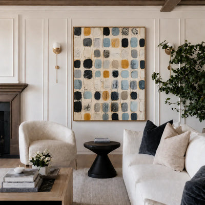 Soft Blue and Ochre Patchwork Grid Wall Art styled interior scene 5 | Olyrel