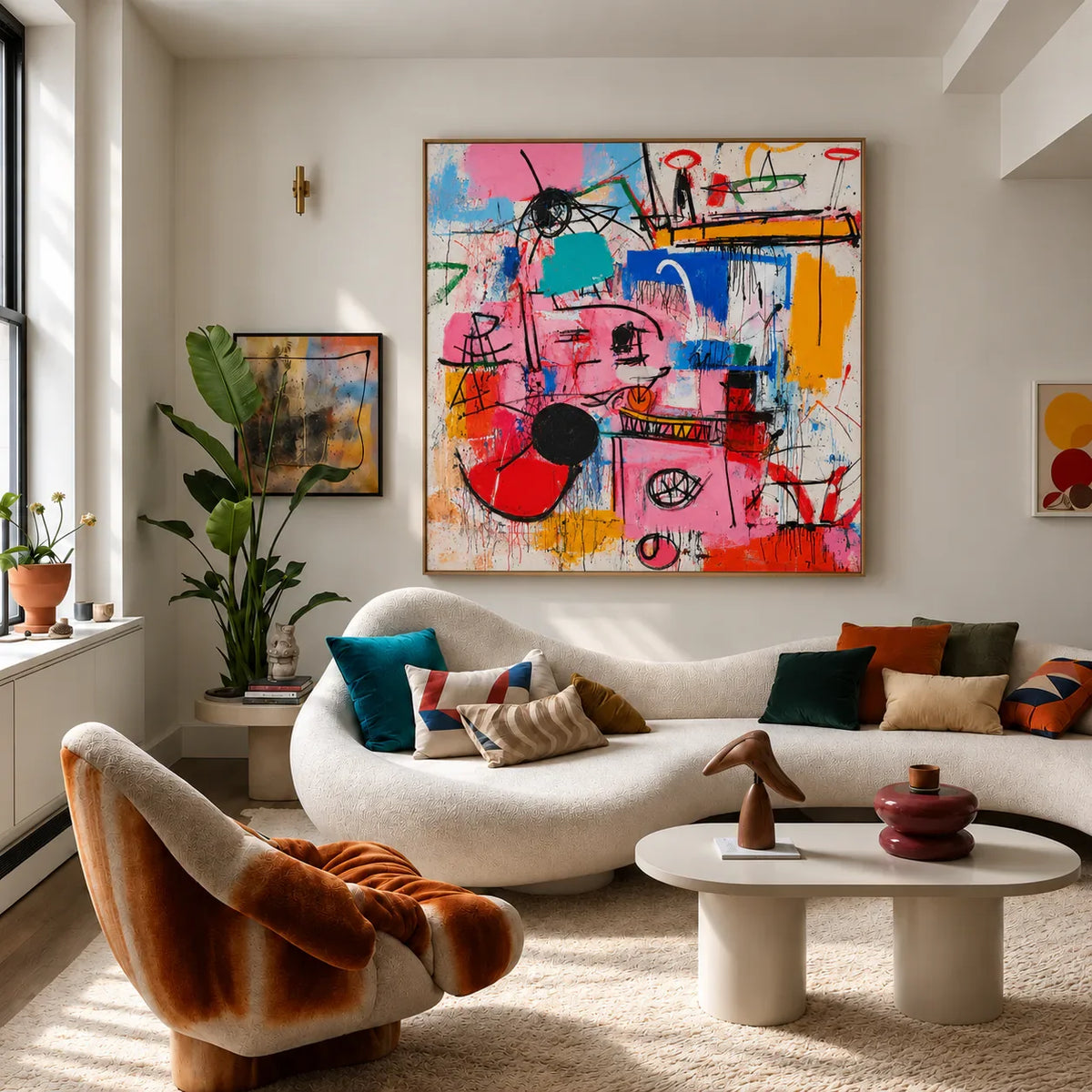 Pink Electric Marks and Color Blocks Wall Art styled interior scene 4 | Olyrel