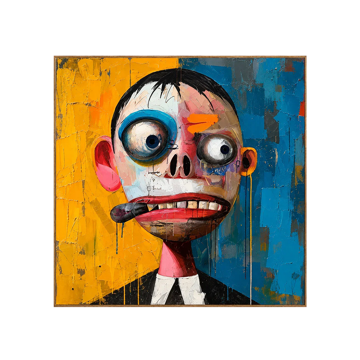 Wide-Eyed Character in Blue and Yellow Wall Art | Olyrel