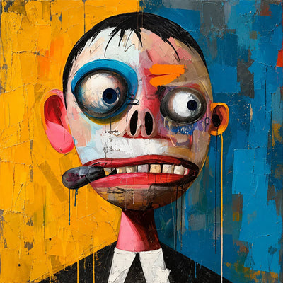 Wide-Eyed Character in Blue and Yellow Wall Art artwork view | Olyrel