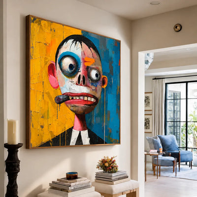 Wide-Eyed Character in Blue and Yellow Wall Art styled interior scene 1 | Olyrel