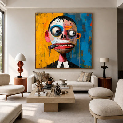 Wide-Eyed Character in Blue and Yellow Wall Art styled interior scene 3 | Olyrel