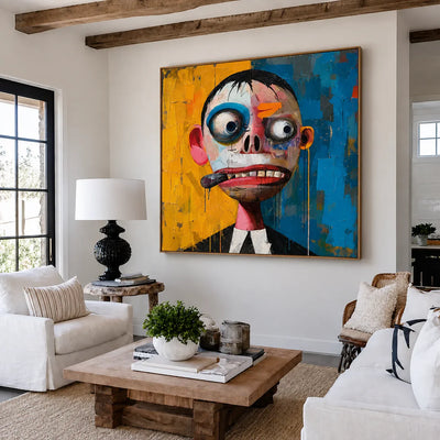 Wide-Eyed Character in Blue and Yellow Wall Art styled interior scene 4 | Olyrel