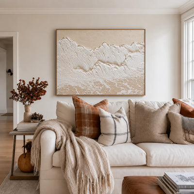 Ivory Surf over a Sandy Shore Wall Art styled interior scene 1 | Olyrel
