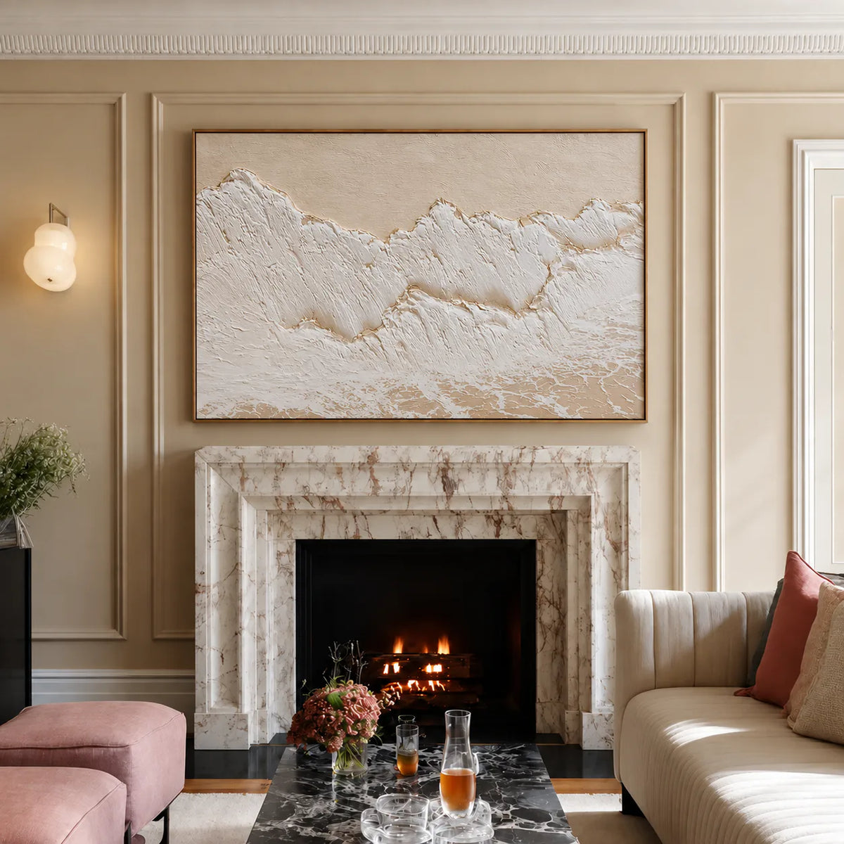 Ivory Surf over a Sandy Shore Wall Art styled interior scene 4 | Olyrel
