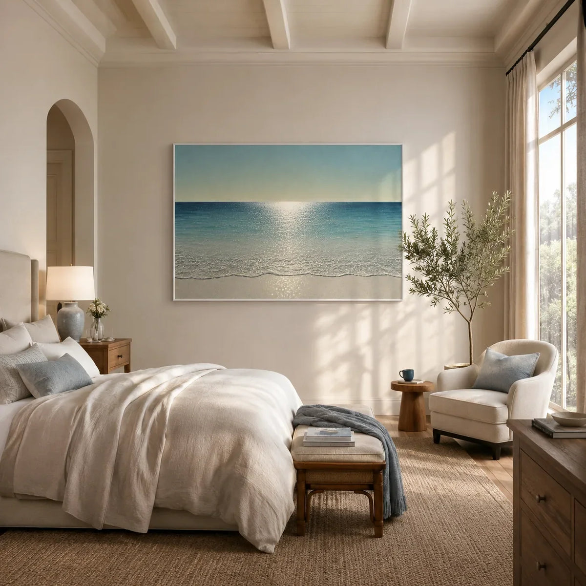 Crystal Tide Coastal Wall Art shown in a calm bedroom setting | Olyrel