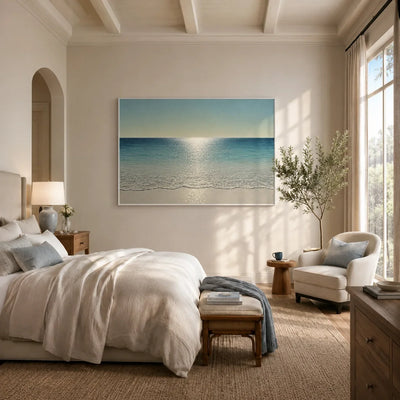 Crystal Tide Coastal Wall Art shown in a calm bedroom setting | Olyrel