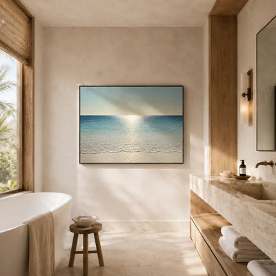 Crystal Tide Coastal Wall Art displayed in a serene bathroom setting | Olyrel