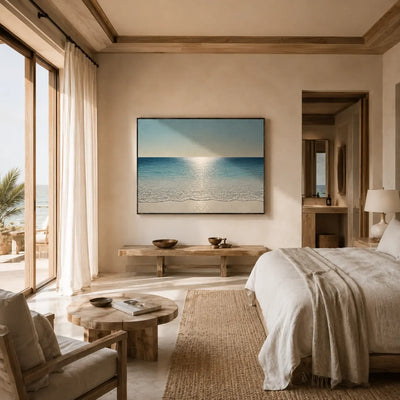 Crystal Tide Coastal Wall Art shown in a calm bedroom setting | Olyrel