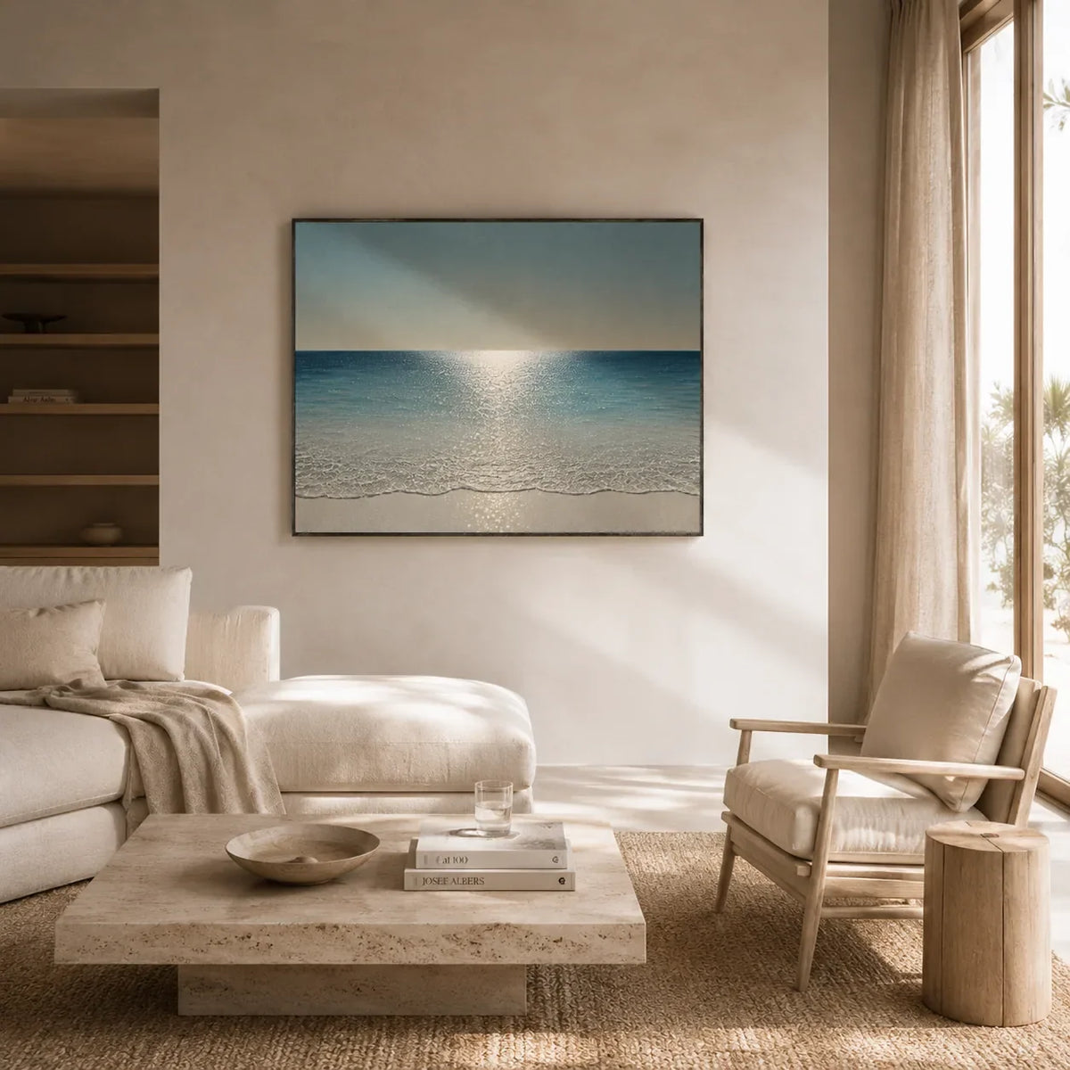 Crystal Tide Coastal Wall Art styled in a modern living room | Olyrel