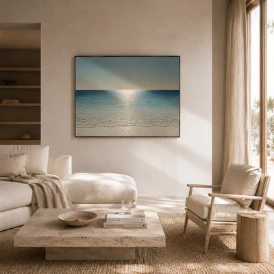 Crystal Tide Coastal Wall Art styled in a modern living room | Olyrel