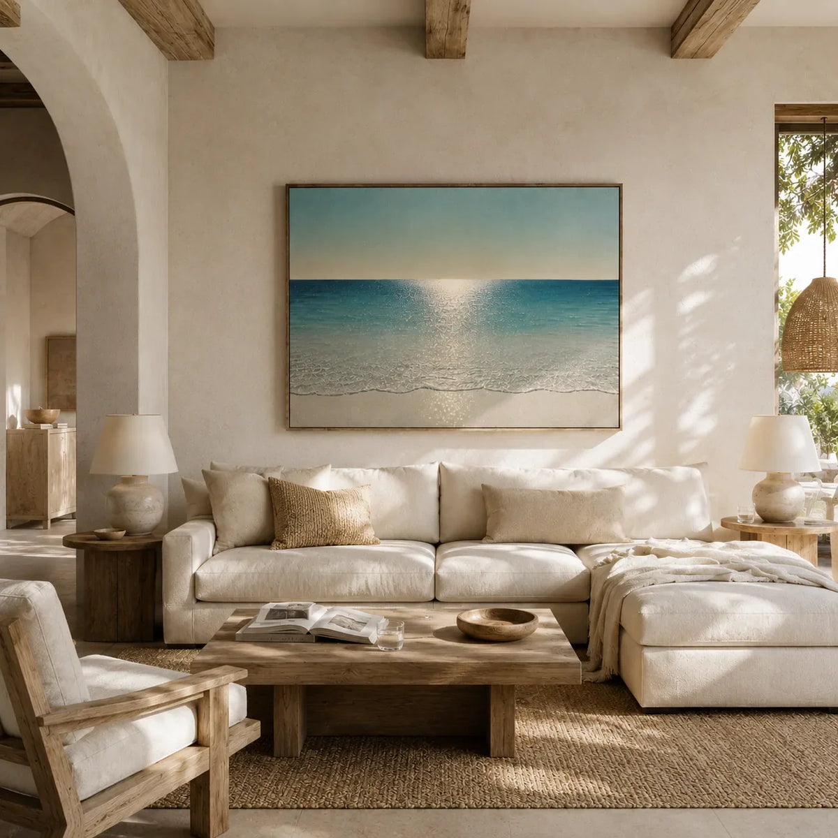Crystal Tide Coastal Wall Art styled in a modern living room | Olyrel